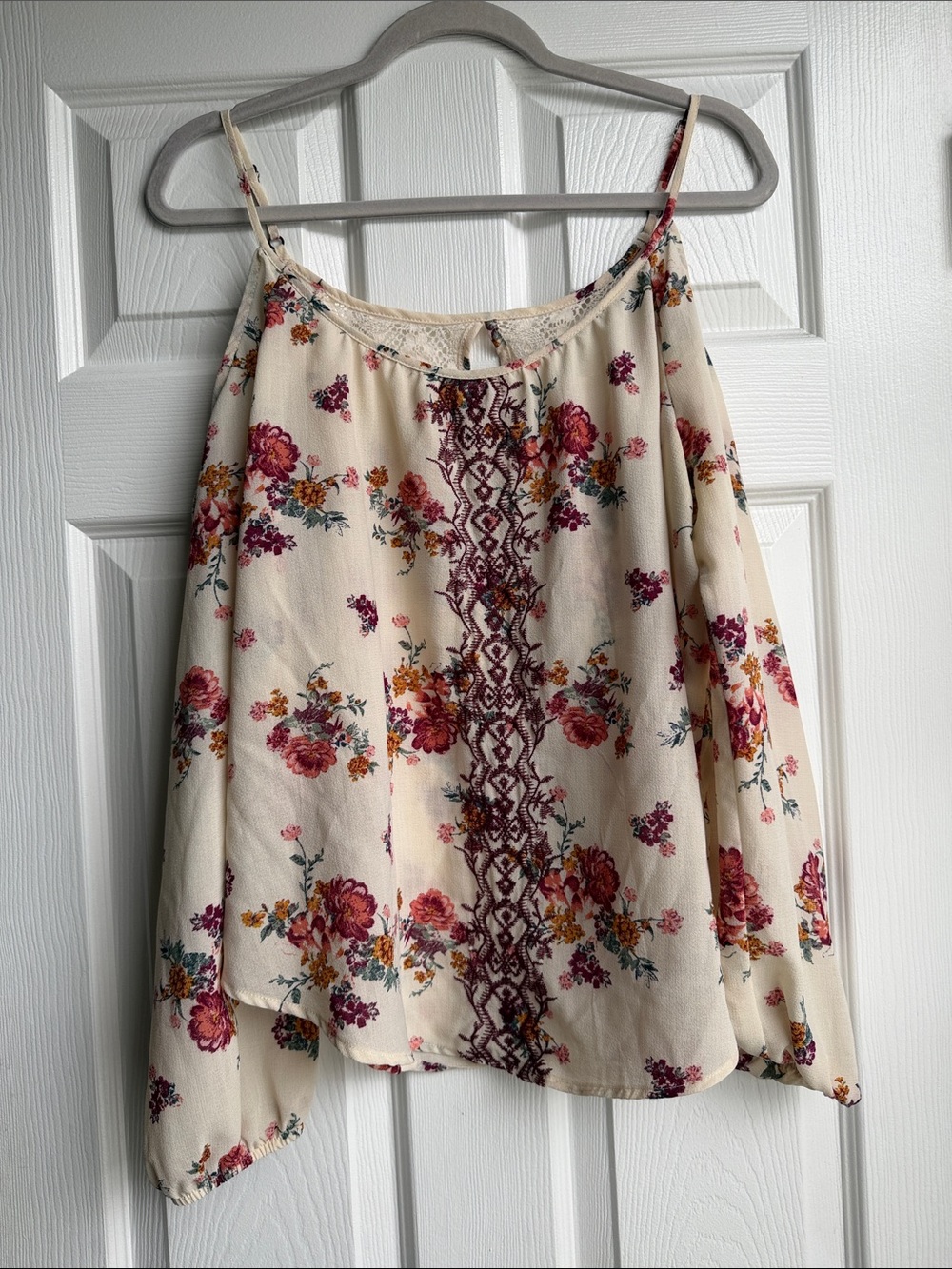 Rewind Cream Floral Spaghetti-Strap Camisole with Burgundy Embroidery- Size L